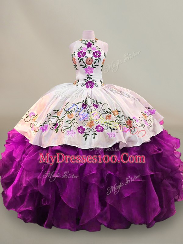 Flare Purple Organza Lace Up Quinceanera Gowns Sleeveless Floor Length Embroidery
