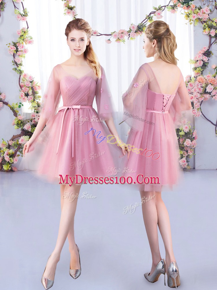 V-neck Half Sleeves Tulle Wedding Party Dress Appliques and Belt Lace Up