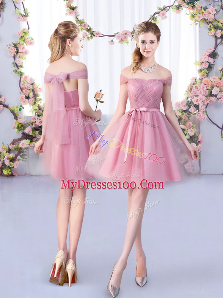 V-neck Half Sleeves Tulle Wedding Party Dress Appliques and Belt Lace Up