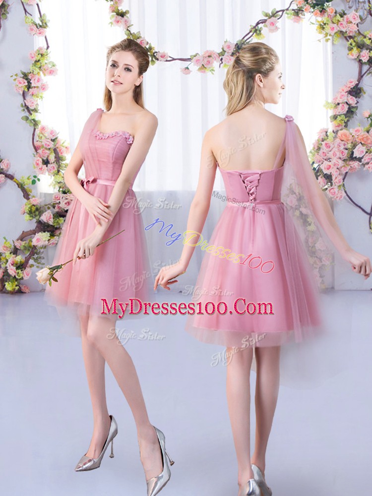 V-neck Half Sleeves Tulle Wedding Party Dress Appliques and Belt Lace Up