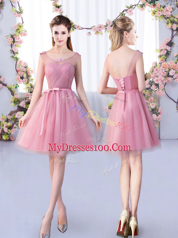 V-neck Half Sleeves Tulle Wedding Party Dress Appliques and Belt Lace Up