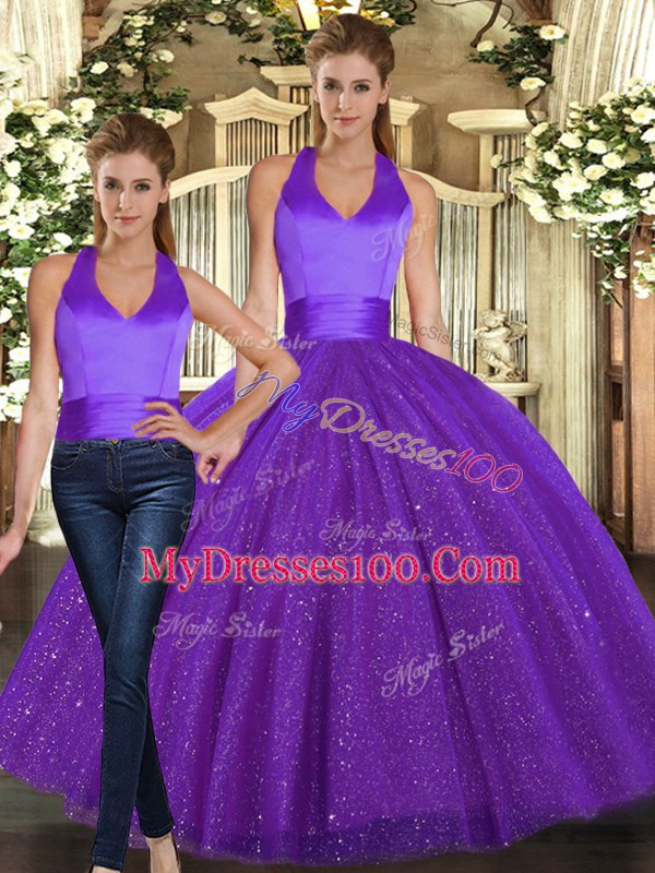 Comfortable Two Pieces Quinceanera Gowns Purple Halter Top Sequined Sleeveless Floor Length Lace Up