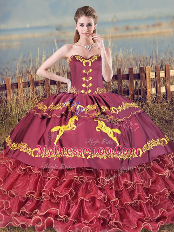 Burgundy Satin and Organza Lace Up Quinceanera Dresses Sleeveless Brush Train Embroidery and Ruffled Layers