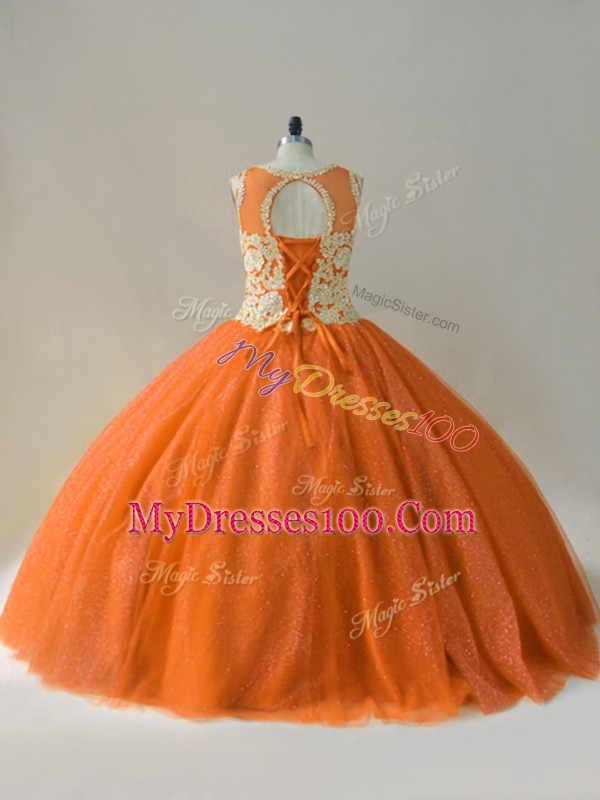 Fashion Orange Ball Gowns Scoop Sleeveless Tulle Floor Length Lace Up Beading and Appliques Quinceanera Gowns