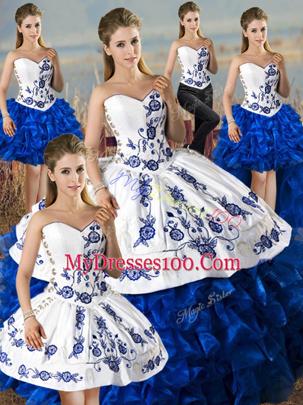 Graceful Blue And White Organza Lace Up Quince Ball Gowns Sleeveless Floor Length Embroidery and Ruffles