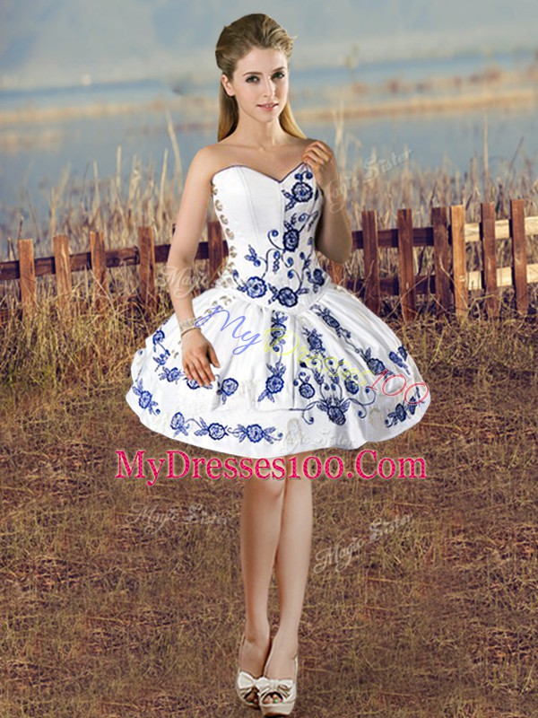 Graceful Blue And White Organza Lace Up Quince Ball Gowns Sleeveless Floor Length Embroidery and Ruffles