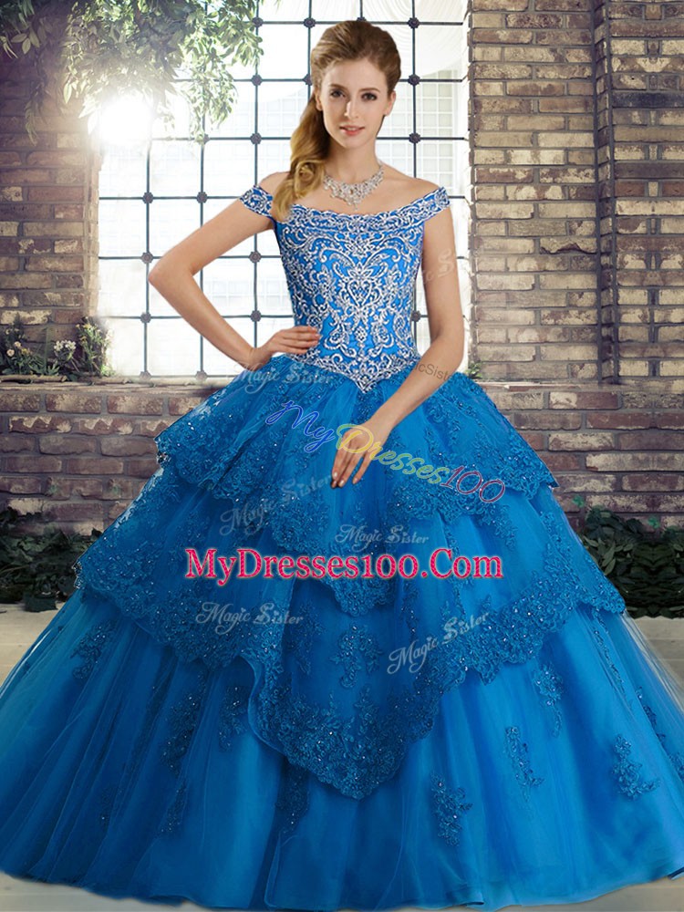 Lovely Off The Shoulder Sleeveless Brush Train Lace Up Quince Ball Gowns Blue Tulle