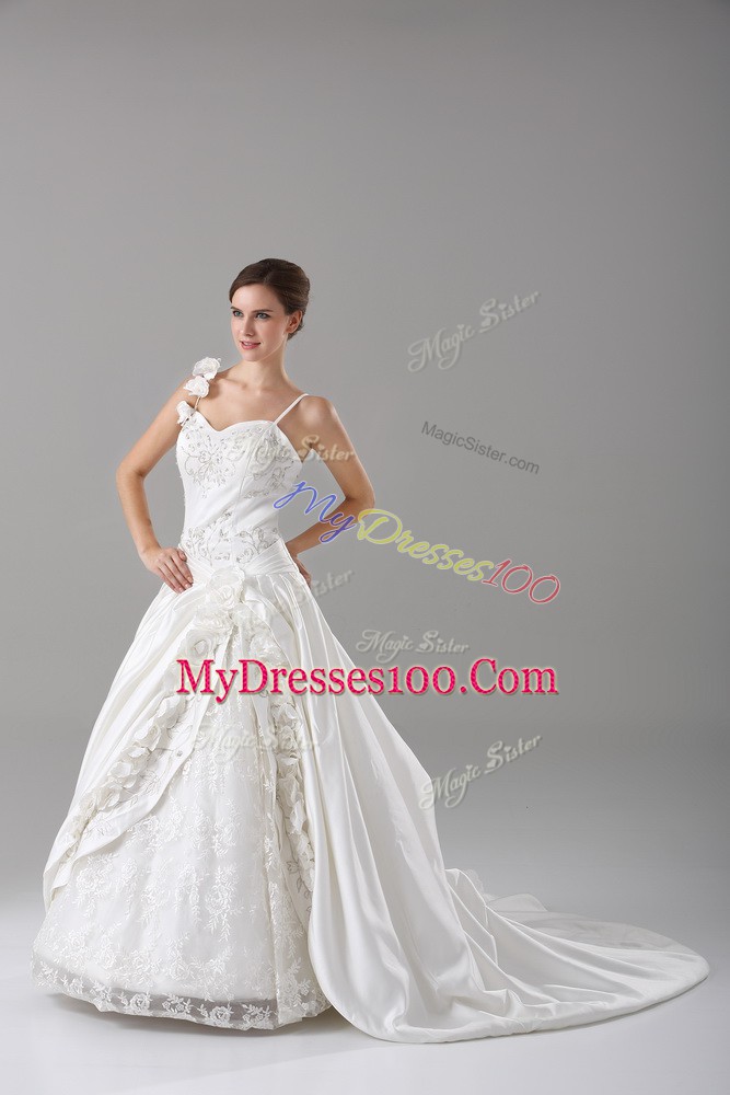 Custom Design Lace and Embroidery and Hand Made Flower Wedding Dress White Lace Up Sleeveless Brush Train