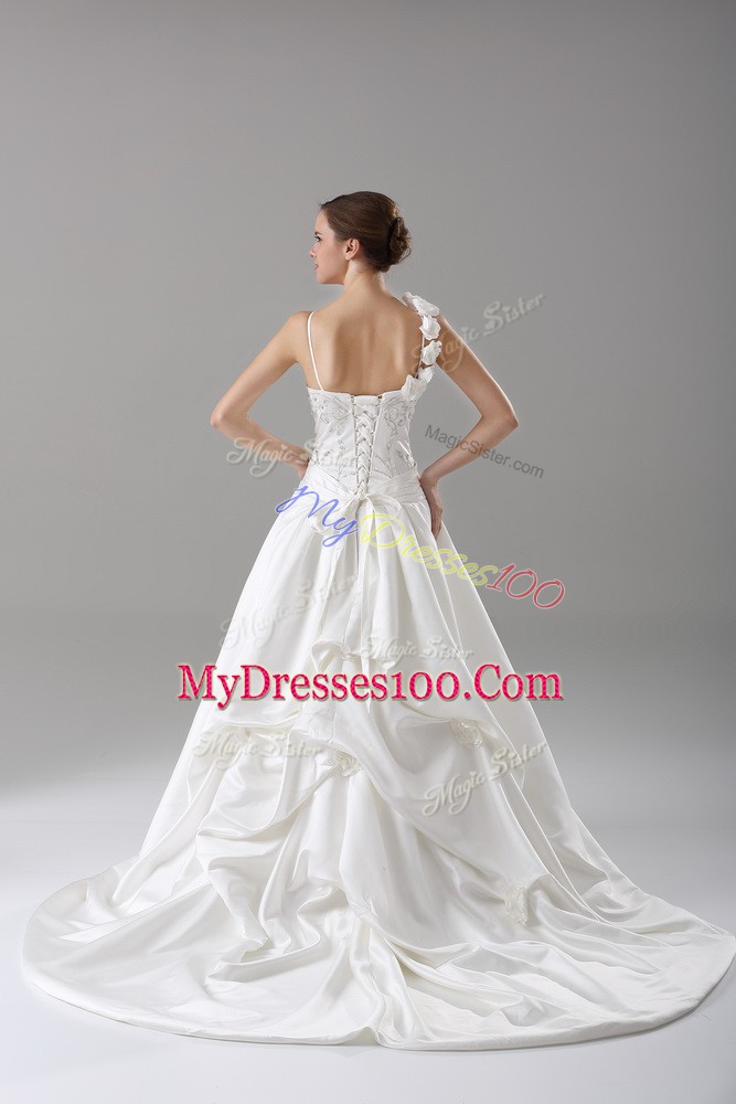 Custom Design Lace and Embroidery and Hand Made Flower Wedding Dress White Lace Up Sleeveless Brush Train