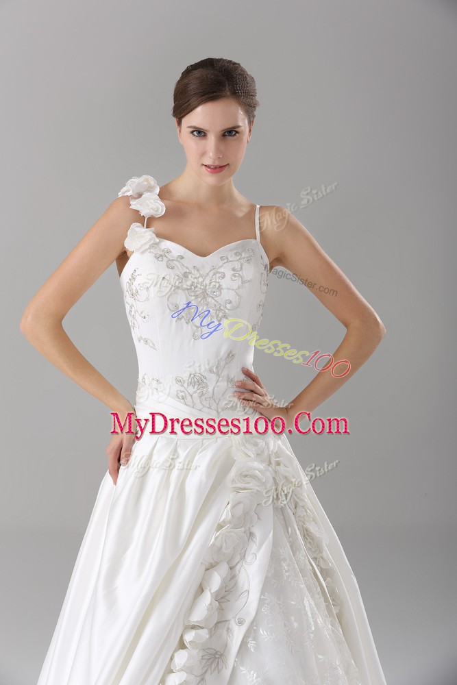 Custom Design Lace and Embroidery and Hand Made Flower Wedding Dress White Lace Up Sleeveless Brush Train