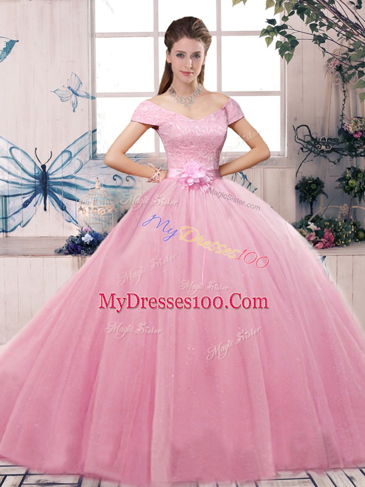 Fancy Floor Length Ball Gowns Short Sleeves Rose Pink Quince Ball Gowns Lace Up