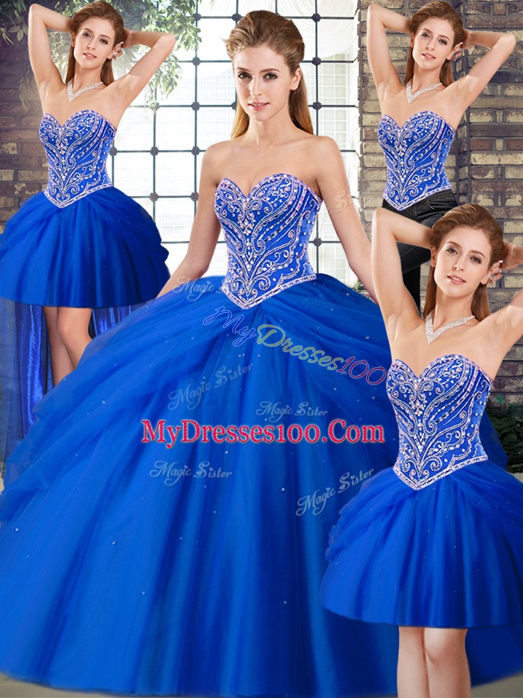 Beading and Pick Ups Quinceanera Gown Royal Blue Lace Up Sleeveless Brush Train