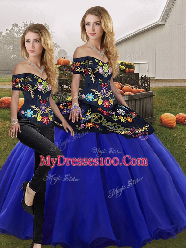 Royal Blue Sweet 16 Quinceanera Dress Military Ball and Sweet 16 and Quinceanera with Embroidery Off The Shoulder Sleeveless Lace Up