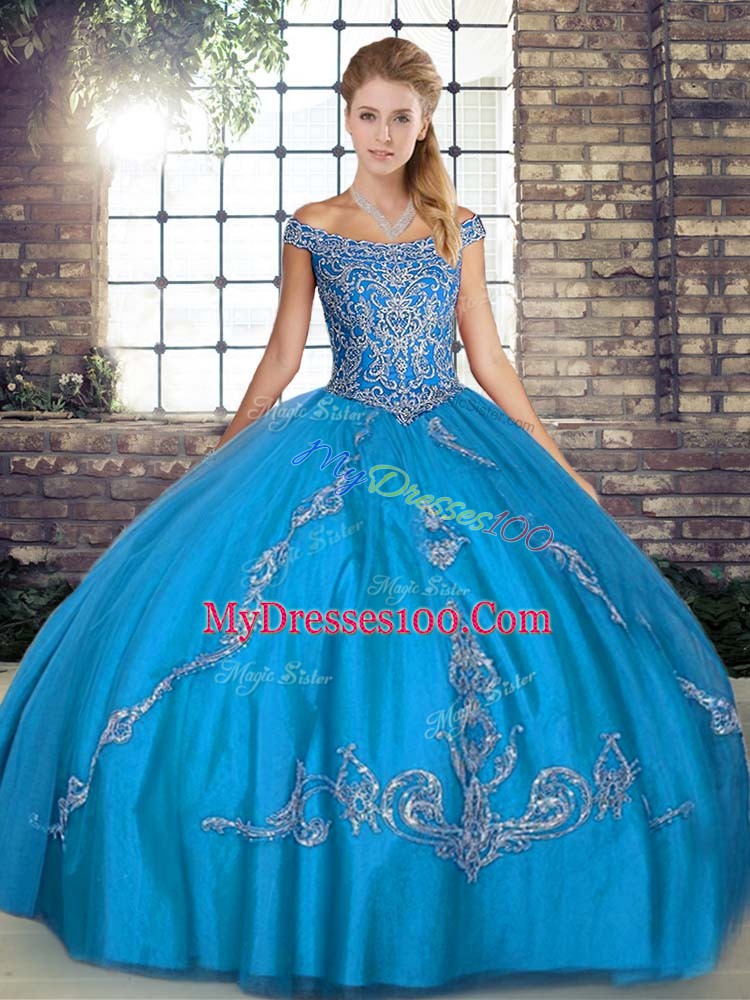 Exceptional Sleeveless Floor Length Beading and Embroidery Lace Up 15 Quinceanera Dress with Blue