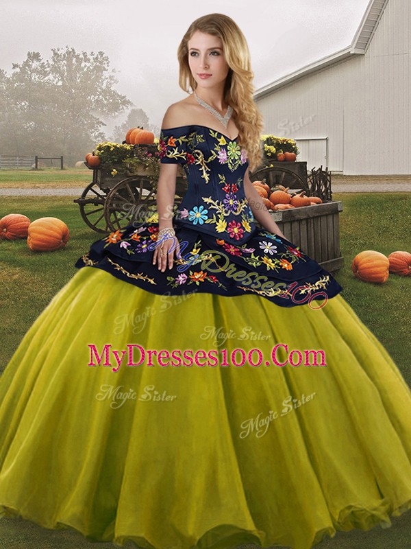 Eye-catching Tulle Off The Shoulder Sleeveless Lace Up Embroidery Quinceanera Gown in Olive Green