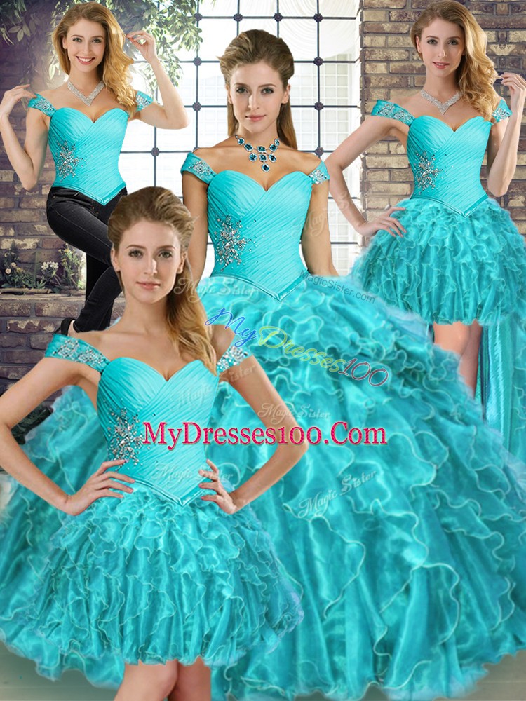 Glittering Aqua Blue Ball Gown Prom Dress Organza Brush Train Sleeveless Beading and Ruffles