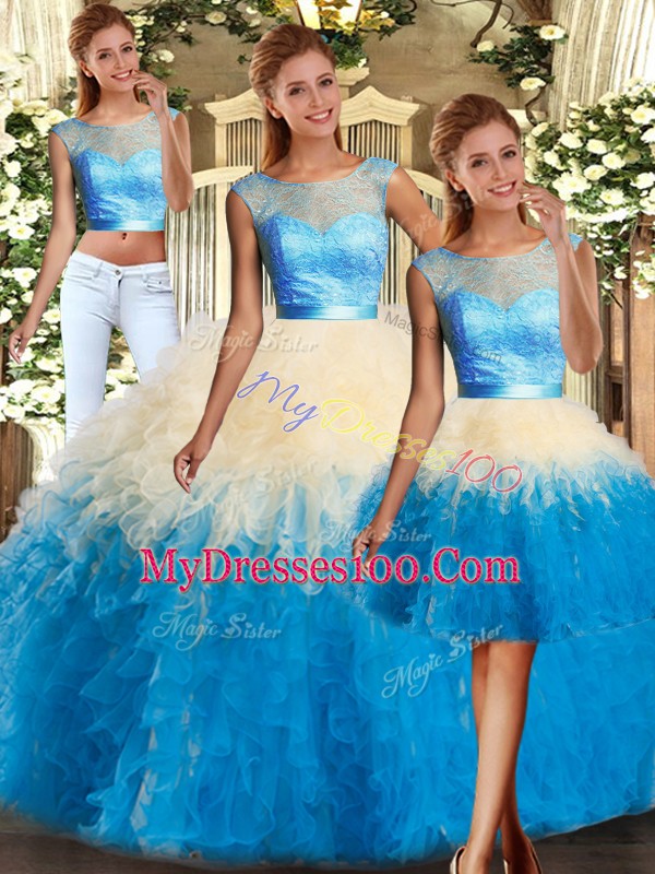 Lace and Ruffles Ball Gown Prom Dress Multi-color Backless Sleeveless Floor Length
