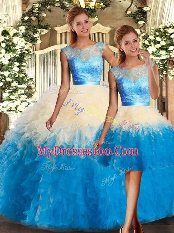 Lace and Ruffles Ball Gown Prom Dress Multi-color Backless Sleeveless Floor Length