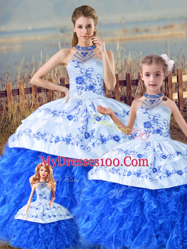 Blue And White Sleeveless Organza Court Train Lace Up Vestidos de Quinceanera for Sweet 16 and Quinceanera