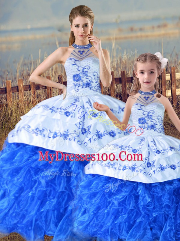Blue And White Sleeveless Organza Court Train Lace Up Vestidos de Quinceanera for Sweet 16 and Quinceanera