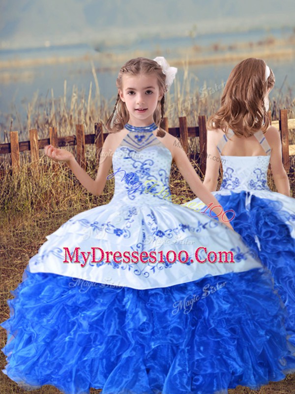 Blue And White Sleeveless Organza Court Train Lace Up Vestidos de Quinceanera for Sweet 16 and Quinceanera