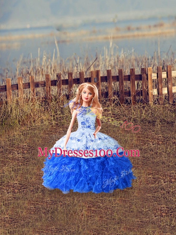 Blue And White Sleeveless Organza Court Train Lace Up Vestidos de Quinceanera for Sweet 16 and Quinceanera