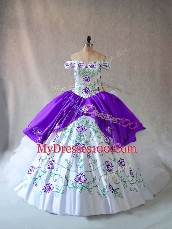 Custom Fit Off The Shoulder Sleeveless Organza Quinceanera Gowns Embroidery and Ruffles Lace Up