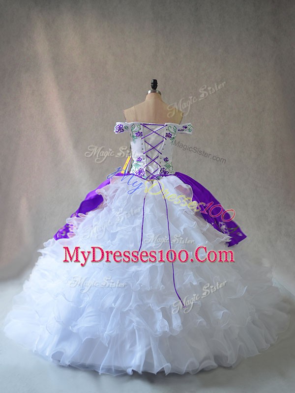 Custom Fit Off The Shoulder Sleeveless Organza Quinceanera Gowns Embroidery and Ruffles Lace Up