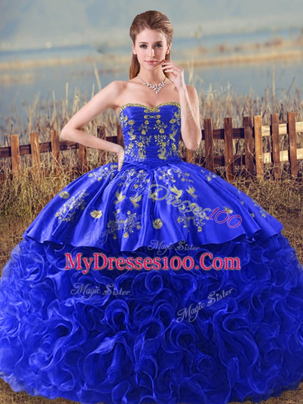 Fitting Royal Blue Ball Gowns Embroidery and Ruffles 15th Birthday Dress Lace Up Organza Sleeveless