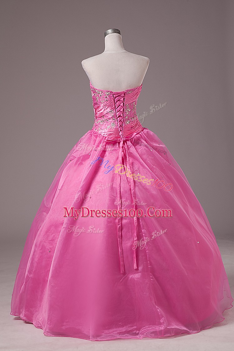 Comfortable Rose Pink Sweet 16 Dress Sweet 16 and Quinceanera with Embroidery Strapless Sleeveless Lace Up