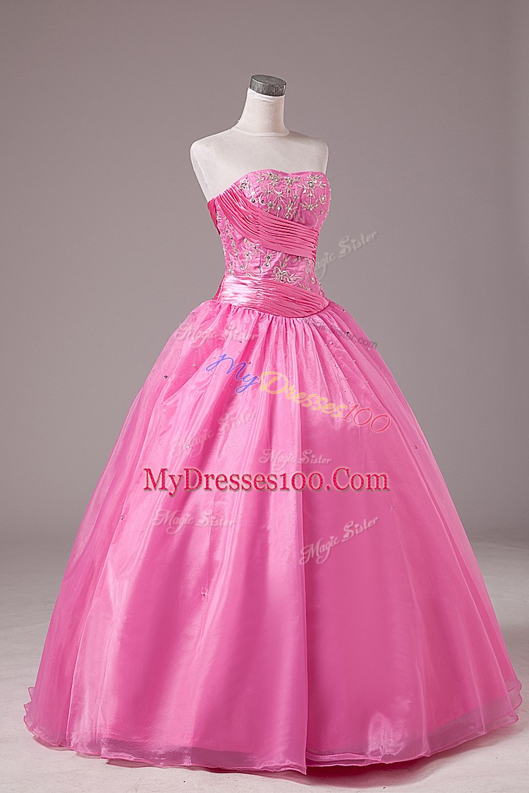 Comfortable Rose Pink Sweet 16 Dress Sweet 16 and Quinceanera with Embroidery Strapless Sleeveless Lace Up