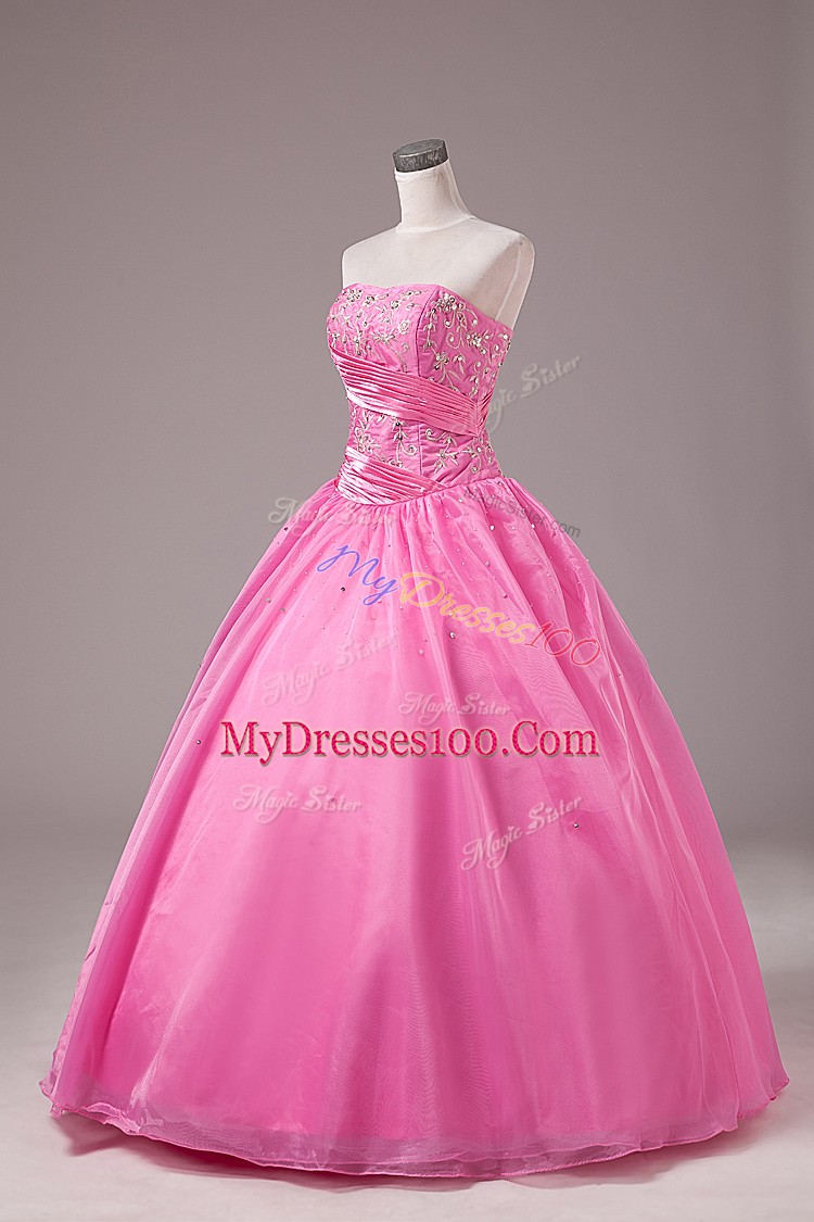 Comfortable Rose Pink Sweet 16 Dress Sweet 16 and Quinceanera with Embroidery Strapless Sleeveless Lace Up