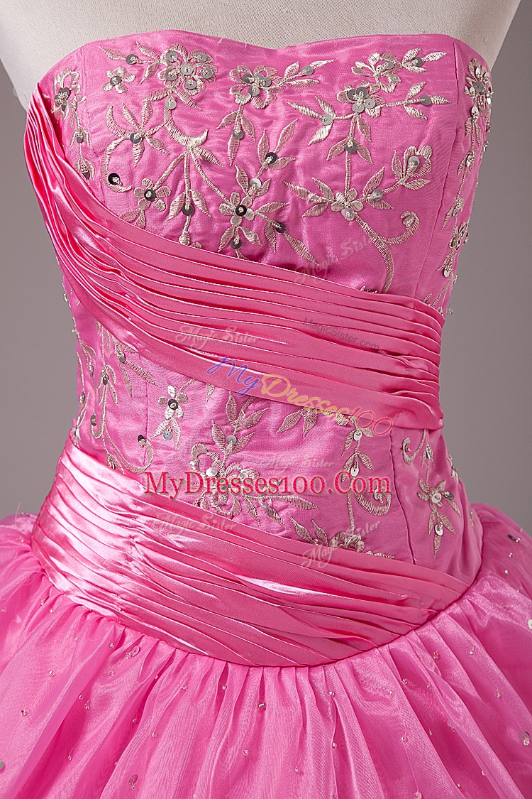 Comfortable Rose Pink Sweet 16 Dress Sweet 16 and Quinceanera with Embroidery Strapless Sleeveless Lace Up