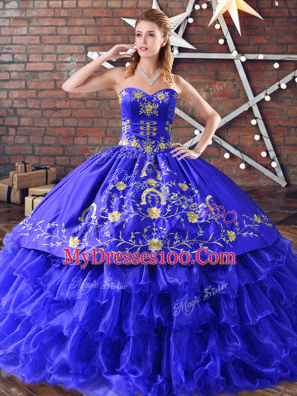 Royal Blue Lace Up Quinceanera Gown Embroidery and Ruffled Layers Sleeveless Floor Length