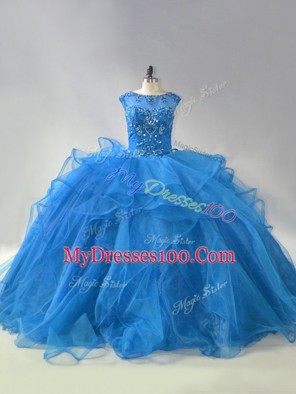 Discount Blue Sleeveless Organza Brush Train Lace Up Sweet 16 Quinceanera Dress for Sweet 16 and Quinceanera