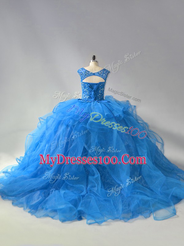 Discount Blue Sleeveless Organza Brush Train Lace Up Sweet 16 Quinceanera Dress for Sweet 16 and Quinceanera