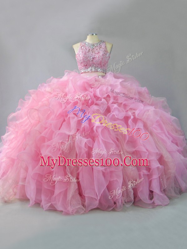 Hot Sale Beading and Ruffles Vestidos de Quinceanera Pink Lace Up Sleeveless Floor Length