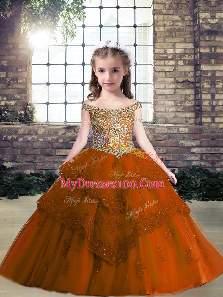 Ball Gowns Little Girls Pageant Gowns Rust Red Off The Shoulder Tulle Sleeveless Floor Length Lace Up