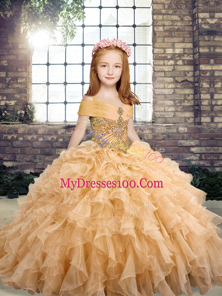 Ball Gowns Little Girls Pageant Gowns Peach Straps Tulle Sleeveless Floor Length Lace Up