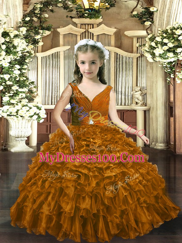 Custom Design Sleeveless Backless Floor Length Beading and Ruffles Pageant Gowns For Girls