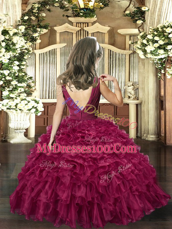 Custom Design Sleeveless Backless Floor Length Beading and Ruffles Pageant Gowns For Girls