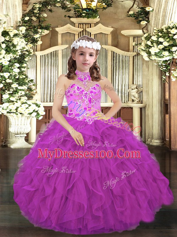 Unique Purple Lace Up Halter Top Embroidery and Ruffles Little Girl Pageant Dress Tulle Sleeveless