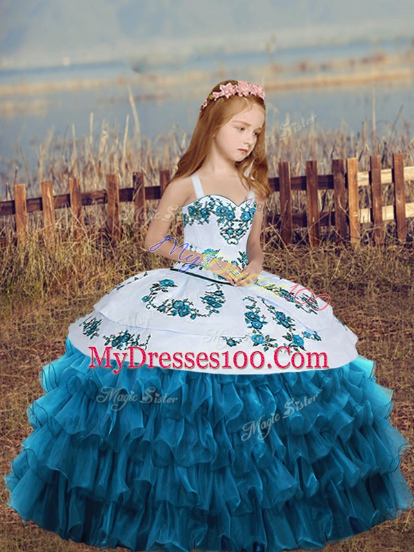 Floor Length Ball Gowns Sleeveless Blue Pageant Gowns For Girls Lace Up