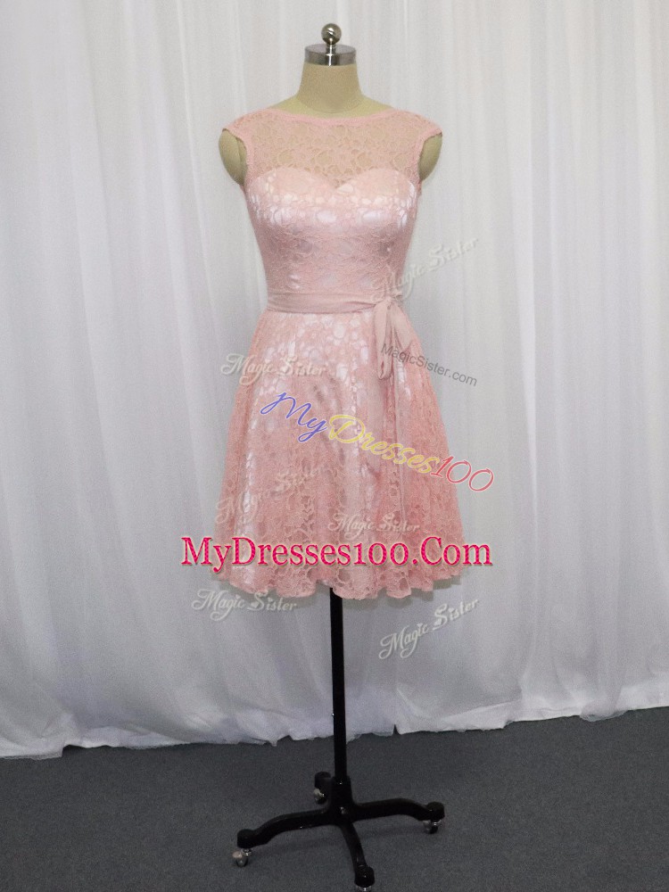 Custom Designed Pink Empire Scoop Sleeveless Lace Mini Length Zipper Beading and Lace Cocktail Dresses