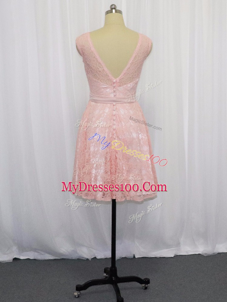 Custom Designed Pink Empire Scoop Sleeveless Lace Mini Length Zipper Beading and Lace Cocktail Dresses