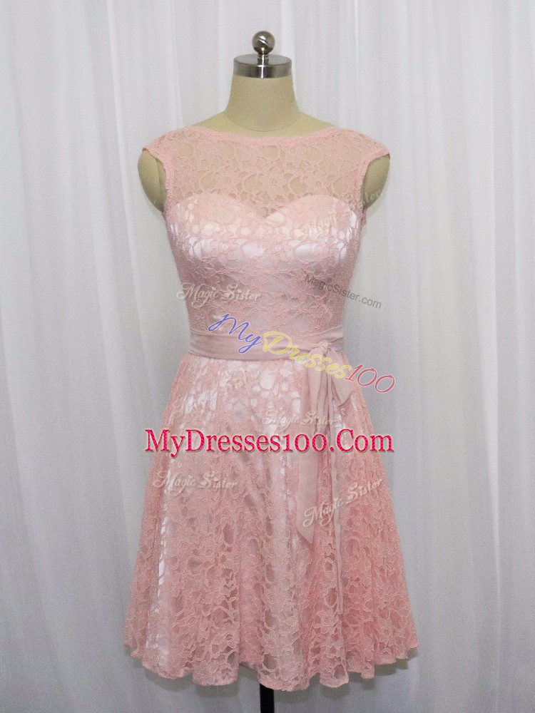 Custom Designed Pink Empire Scoop Sleeveless Lace Mini Length Zipper Beading and Lace Cocktail Dresses