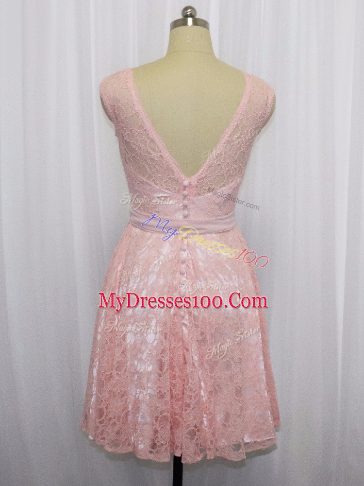 Custom Designed Pink Empire Scoop Sleeveless Lace Mini Length Zipper Beading and Lace Cocktail Dresses
