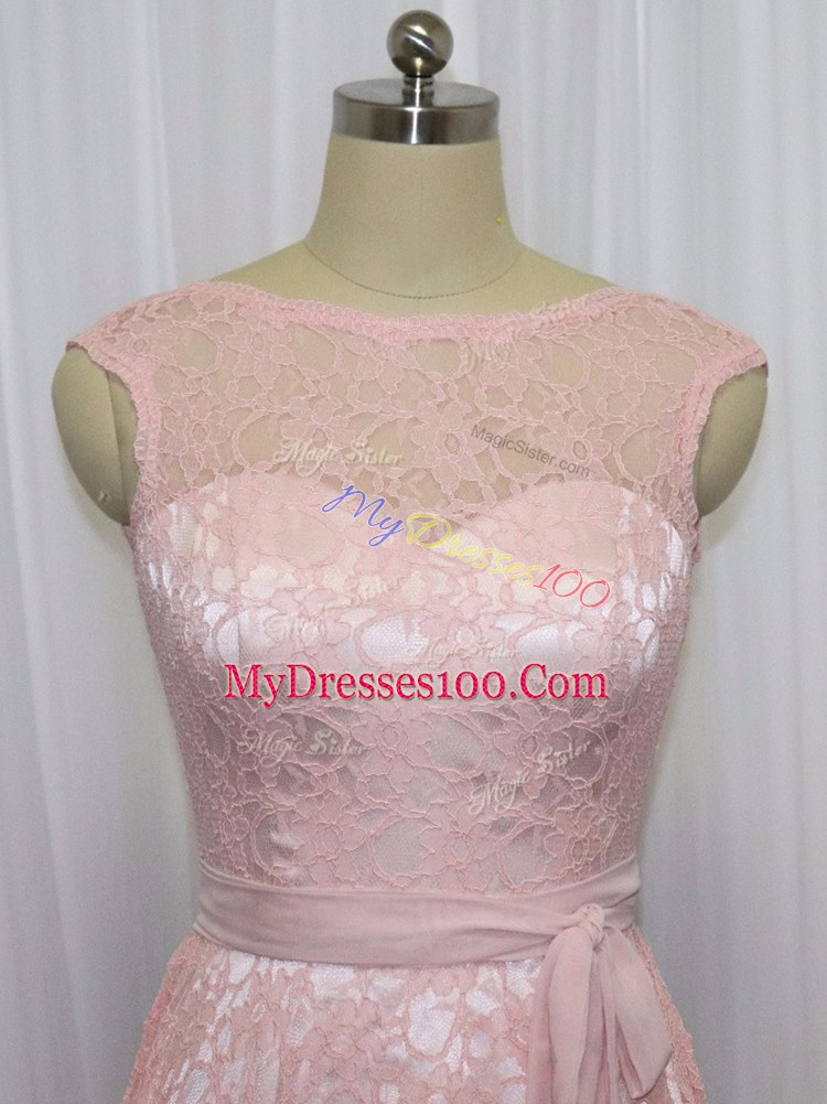 Custom Designed Pink Empire Scoop Sleeveless Lace Mini Length Zipper Beading and Lace Cocktail Dresses
