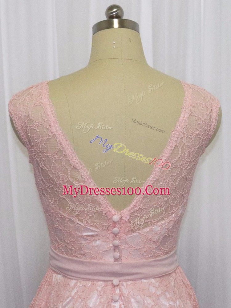 Custom Designed Pink Empire Scoop Sleeveless Lace Mini Length Zipper Beading and Lace Cocktail Dresses