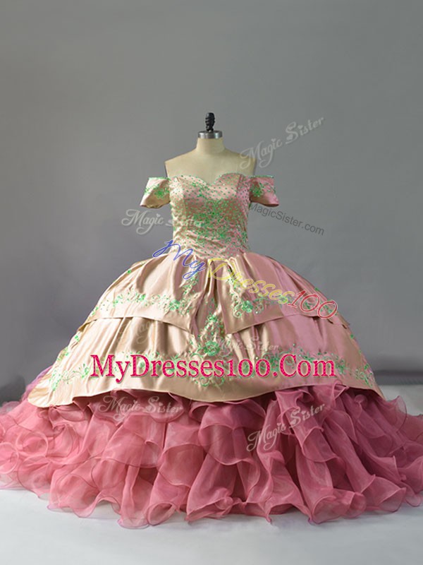 Pink Sleeveless Organza Chapel Train Lace Up Quinceanera Gowns for Sweet 16 and Quinceanera